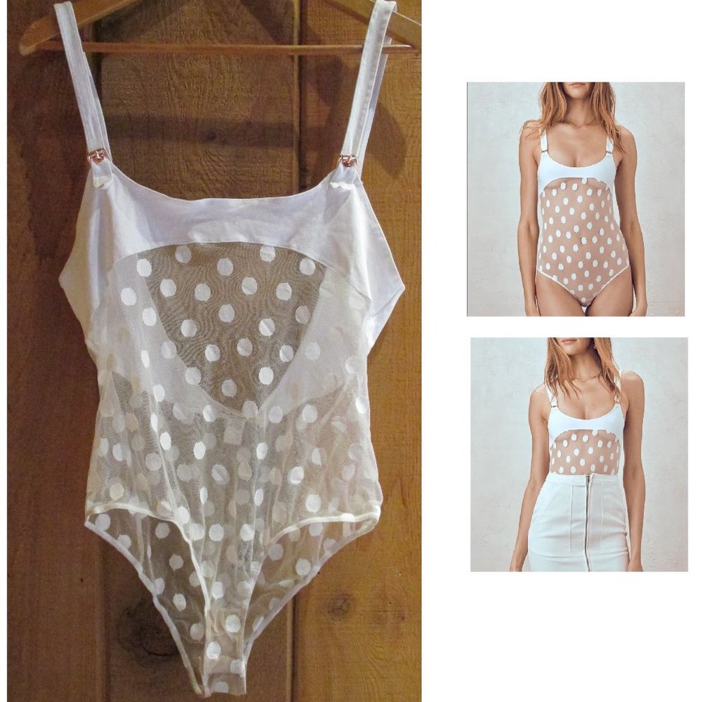 🍋NEW FOR LOVE & LEMONS SKIVVIES CLEMENTINE POLKA DOT WHITE MESH BODYSUIT SIZE L - Picture 1 of 9